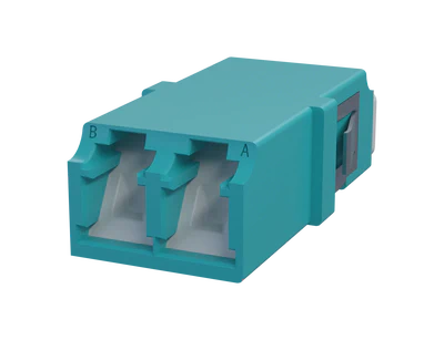 Shuttered LC Duplex Fibre Optic Adapter, Aqua - Front View