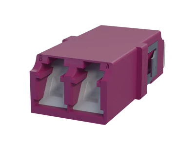 Shuttered LC Duplex Fibre Optic Adapter, Erika Violet - Front View