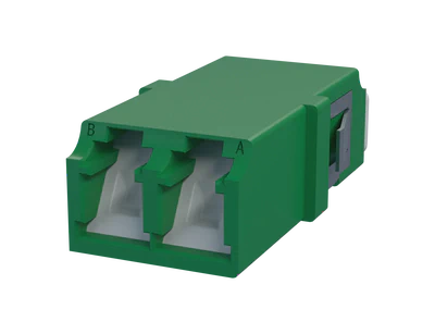 Shuttered LC Duplex Fibre Optic Adapter, Green - Front View