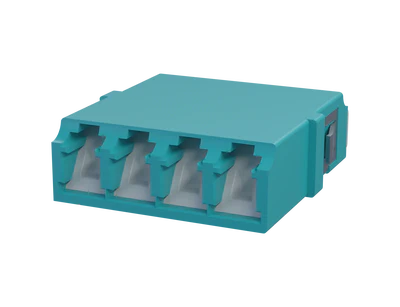 Shuttered LC Quadplex Fibre Optic Adapter, Aqua - Front View