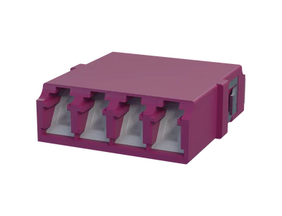 Shuttered LC Quadplex Fibre Optic Adapter, Erika Violet - Front View