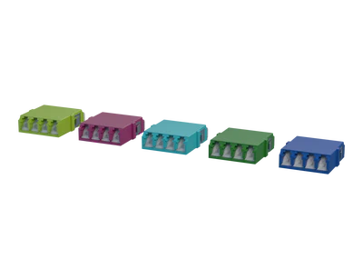 Shuttered LC Quadplex Fibre Optic Adapters, Lime Green, Erika Violet, Aqua, Green and Blue