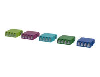 Shuttered LC Quadplex Fibre Optic Adapters, Lime Green, Erika Violet, Aqua, Green and Blue